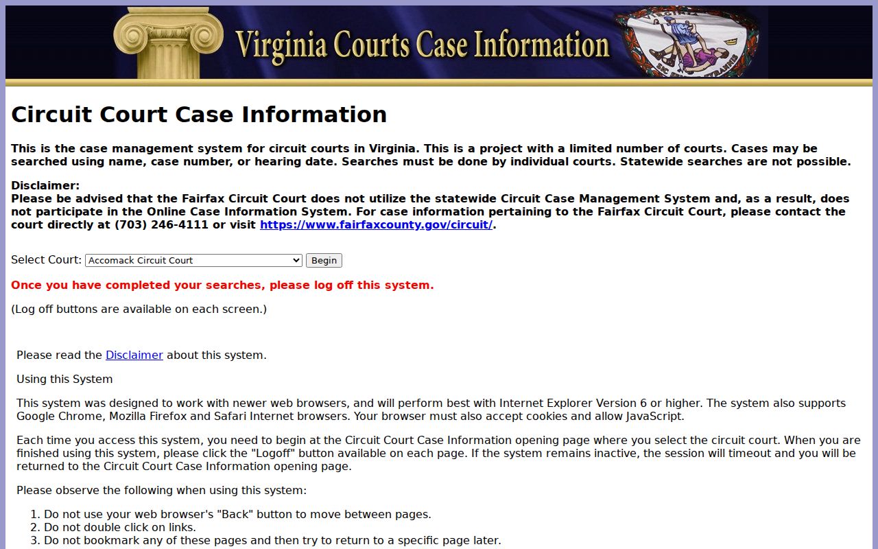 Chester court name search through Virginia Circuit OCIS selection