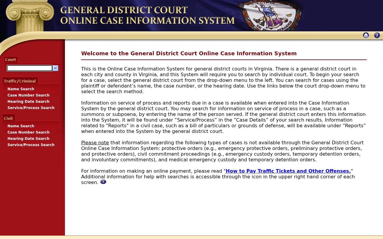 Chester court name search through Virginia General District Court OCIS selector