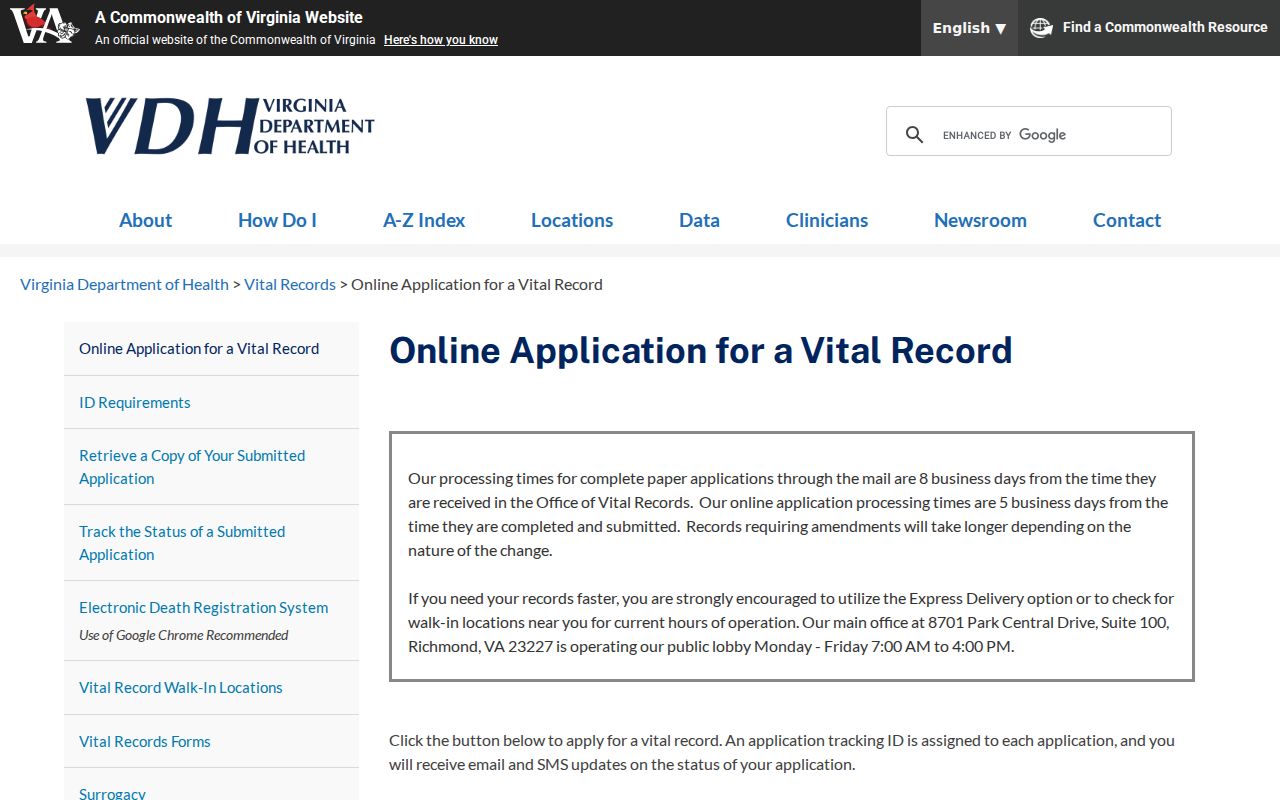 Chester vital record application options from Virginia